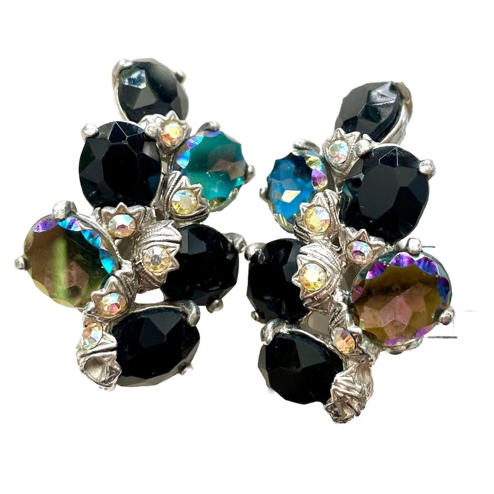 Schiaparelli Bracelet + Earrings Set Aurora Borealis AB Black Rhinestones VTG - Picture 9 of 15